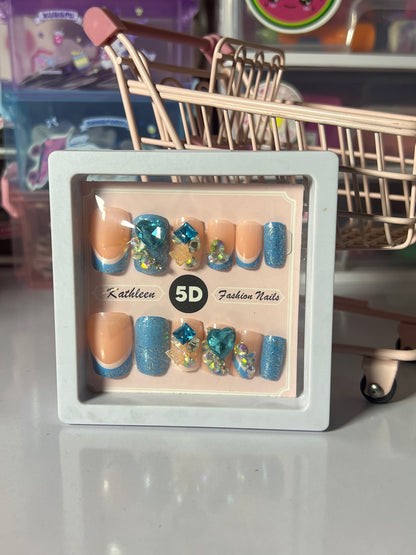Kathleen 5D Blue Gem French-Tip Press-On Nails