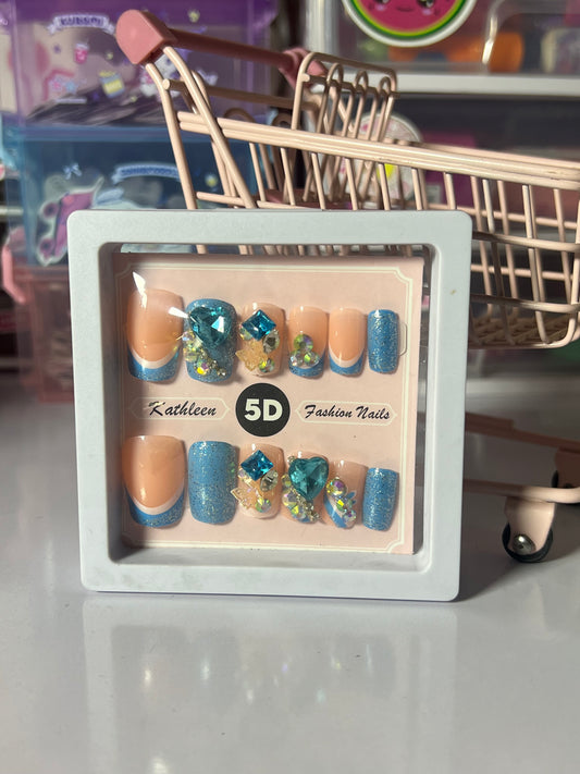 Kathleen 5D Blue Gem French-Tip Press-On Nails